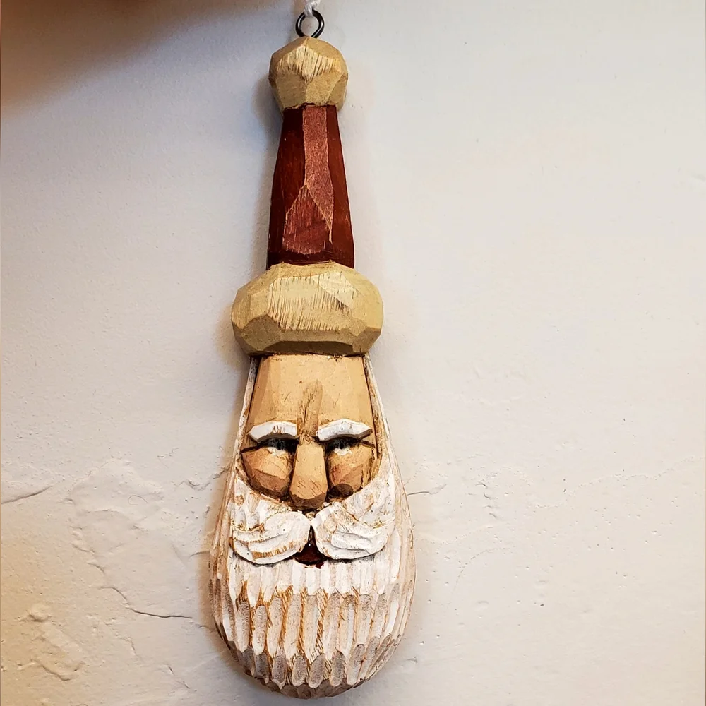 Vtg R.J. Zeit Signed Handcarved Wood Primitive Folk Art Santa Ornament 1996